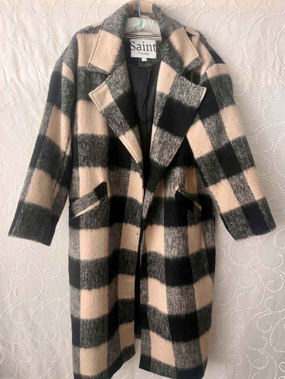 Saint Tropez Plaid Wool Blend Francesca Coat Camel/Black Size Large NWOT
